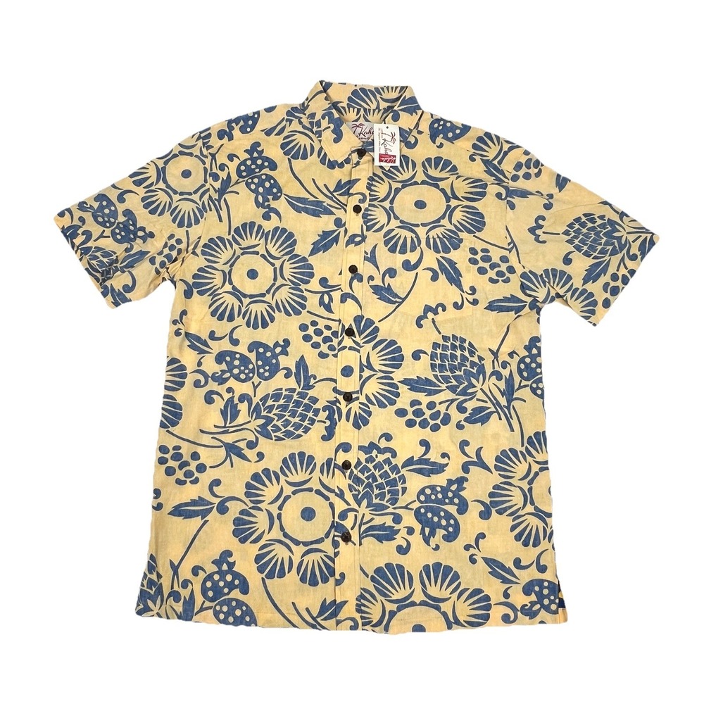NWT Kahala Duke's Pareo Sunshine Yellow Floral Reverse Print Hawaiian Shirt